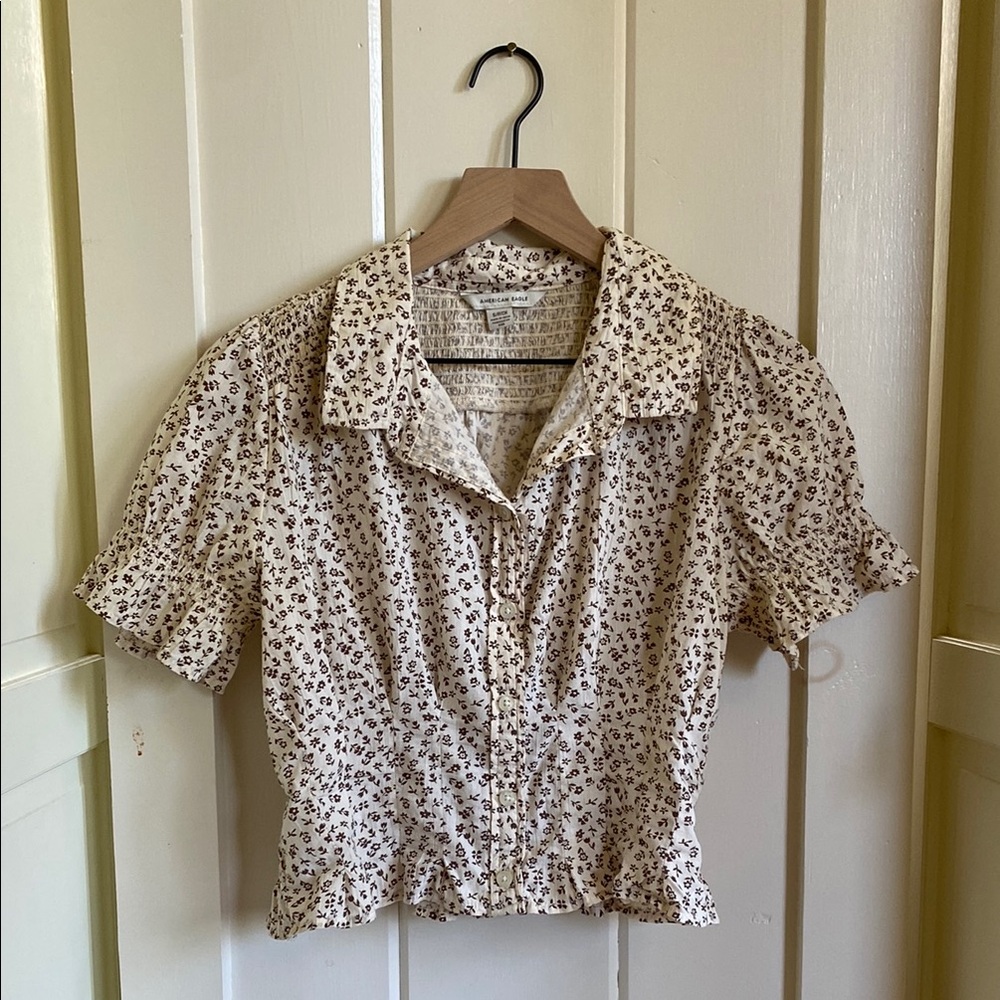 Floral Brown Tan Puff Sleeve Blouse
